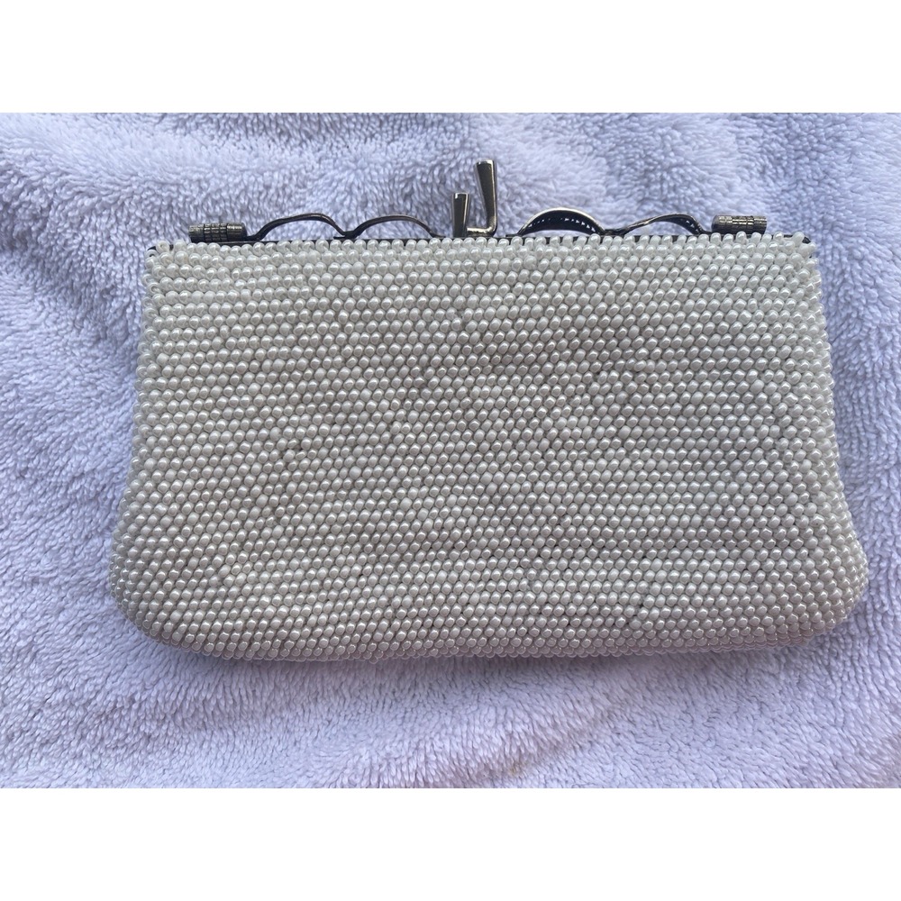 VTG Mid-Century White Beaded Evening Bag Silver Filigree Frame Clutch Bridal